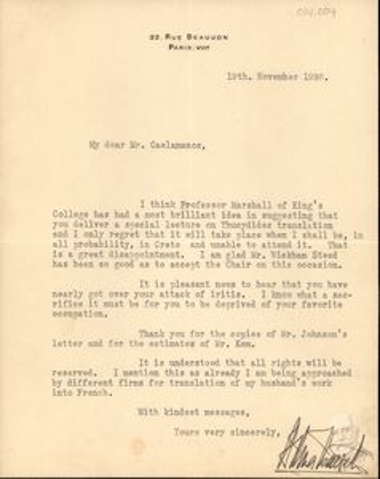 Επιστολή της Έλενας Βενιζέλου προς τον Δημήτριο Κακλαμάνο με την οποία τον ενημερώνει σχετικά με την πιθανότητα δώσει ο ίδιος διάλεξη σχετικά με την μετάφραση του Θουκυδίδη από τον Ελευθέριο Βενιζέλο. Επίσης τον ενημερώνει για το γεγονός ότι τα δικαιώματα της μετάφρασης θα είναι απολύτως κατοχυρωμένα και για την προσέγγισή της από διάφορους οίκους  για την μετάφραση του έργου του Ελευθερίου Βενιζέλου στη γαλλική γλώσσα.