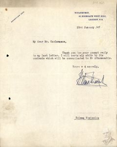 Letter by Elena Venizelou to Dimitrios Kaklamanos, by which she thanks him for his immediate response regarding Mr. Athanasakis's proposal for publication of the translation of Thucydides' History of the Peloponnesian War, by Eleftherios Venizelos, in an additional cheap edition that needy students will be able to purchase.