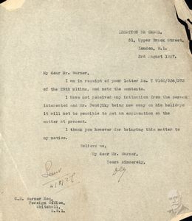 Letter by Dimitrios Kaklamanos, Ambassador of Greece in Great Britain, to G.R. Warner at the British Foreign Office on current diplomatic issues.