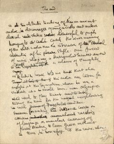Προσχέδιο λόγου του Δημητρίου Κακλαμάνου, σχετικά με διάλεξη στο King's College, στο Λονδίνο με θέμα το λογοτεχνικό επίτευγμα της απόδοσης του Θουκυδίδη στα νέα ελληνικά από τον Ελευθέριο Βενιζέλο.