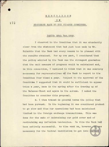 Memorandum from H. C. Finlayson about the report before the Financial Committee in Paris on the 28th February, 1929.