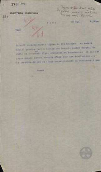 Τηλεγράφημα του Δ. Πανά προς το Υπουργείο Εξωτερικών σχετικά με την εκστρατεία της Τουρκίας κατά της Αιγύπτου.