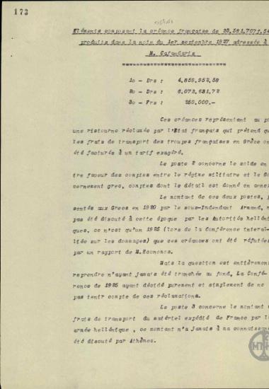 Éléments composant la créance française de 23.581.707 f. 54 produits dans la note du 1er Septembre 1927 adressée à M.Cafandaris.