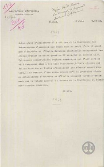 Τηλεγράφημα του Γ.Στρέιτ προς το Υπουργείο Εξωτερικών για τις διαφωνίες των Δυνάμεων για το Αλβανικό ζήτημα