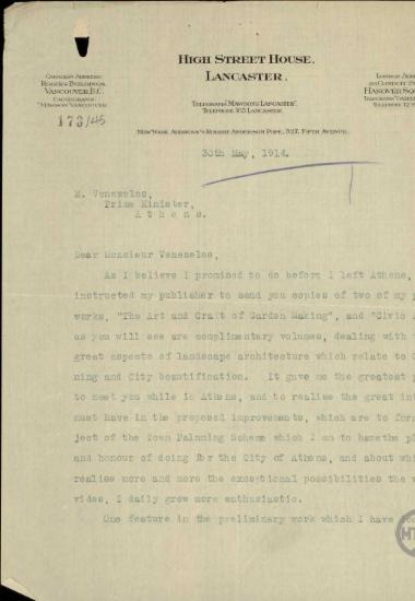Επιστολή του Th.Mawson προς τον Ε.Βενιζέλο όπου εκφράζει τον ενδιαφέρον του βελτίωση της εικόνας της Αθήνας.