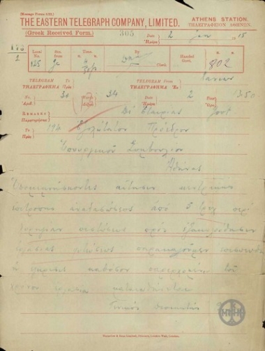 Τηλεγράφημα του Λ.Ρούφου προς τον Ε.Βενιζέλο σχετικά με εργασίες αναδάσωσης.