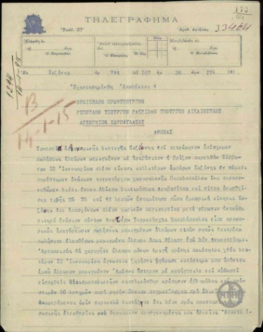Telegram from G. Chatziandreou to E. Venizelos, E. Repoulis, K. Raktivan and the Headquarters of the Gendarmerie, complaining about his arrest.
