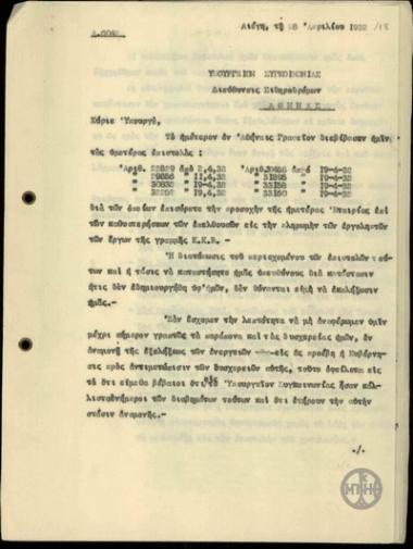 Επιστολή της Βελγικής Εμπορικής Εταιρίας προς τον Υπουργό Συγκοινωνίας, Σ.Κορώνη, σχετικά με παλαιότερες επιστολές της εταιρίας για τα παράπονα της προς την Ελληνική Κυβέρνηση.