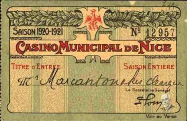 Κάρτα εισόδου του Κλέαρχου Μαρκαντωνάκη για το Δημοτικό Καζίνο Νίκαιας