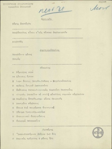 Note by E. Venizelos, concerning issues on the economy, education, and the staffing of public services.