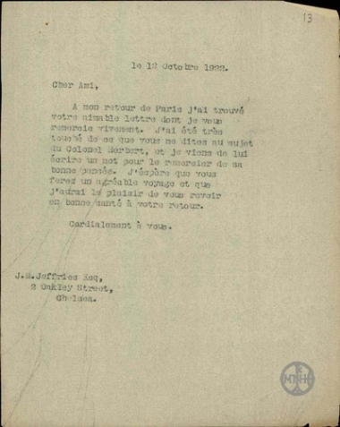 Επιστολή του Ε.Βενιζέλου προς τον Jeffries, με την οποία ευχαριστεί για την επιστολή.