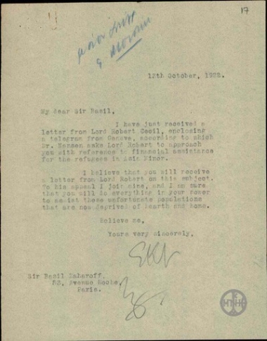 Letter from E. Venizelos to V. Zacharoff, concerning the provision of financial help to the refugees of Asia Minor.