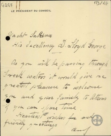 Πρόσκληση του Ε.Βενιζέλου προς τον Lloyd George να επισκεφθεί την Αθήνα.