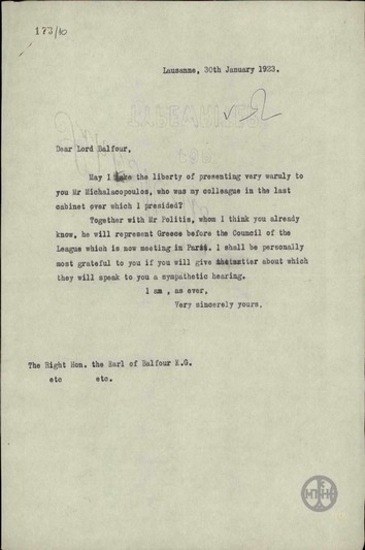 Letter from E. Venizelos to Lord Balfour, concerning the presence of Michalakopoulos at the League of Nations.