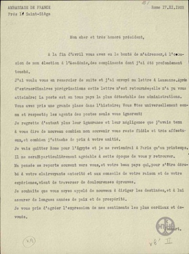 Επιστολή του Jonnart προς τον Ε.Βενιζέλο.