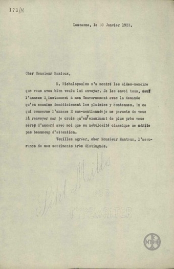 Letter from E. Venizelos to Mantoux