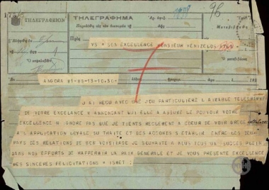 Telegram from Ismet Pacha to E. Venizelos, concerning the Greek-Turkish relations.
