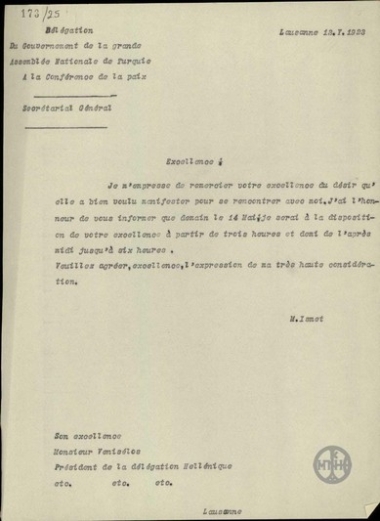 Letter from Ismet Pacha to E. Venizelos,  concerning their meeting.