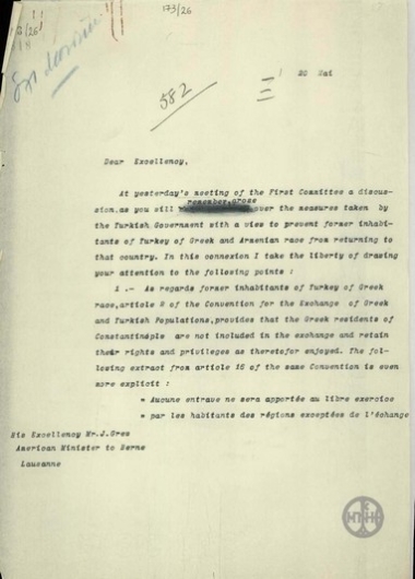 Letter from E. Venizelos to J. Grew, concerning the matter of the Greeks and Armenians of Turkey.
