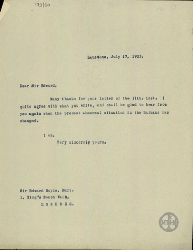 Telegram from Lamprakis to E. Venizelos, concerning the political situation in Greece.