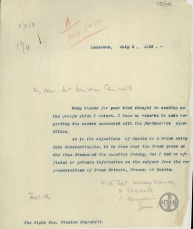 Letter from E. Venizelos to W. Churchill, concerning the events related to the campaign of the Dardanelles.