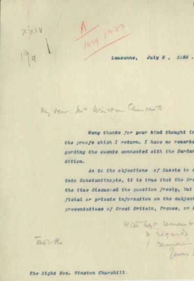 Επιστολή του Ε.Βενιζέλου προς τον W.Churchill σχετικά με τα γεγονότα σχετικά με την εκστρατεία των Δαρδανελλίων.