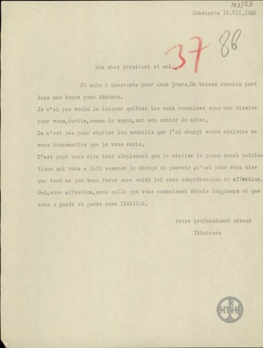 Letter from Titulescu to E. Venizelos, expressing his friendship.