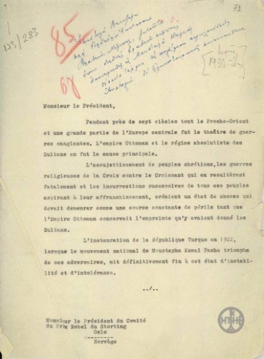 Letter from E. Venizelos to the President of the Nobel Prize Committee, concerning the award of the Nobel Prize for Peace to Moustafa Kemal.
