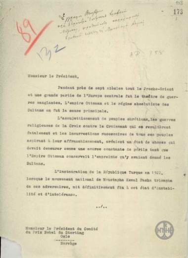 Letter from E. Venizelos to the President of the Nobel Prize Committee, concerning the award of the Nobel Prize for Peace to Moustafa Kemal.
