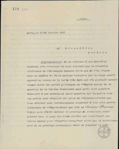 Έκθεση του Α.Αλεξανδρή προς το Υπουργείο Εξωτερικών σχετικά με τις πολιτικές και στρατιωτικές εξελίξεις στη Γερμανία.