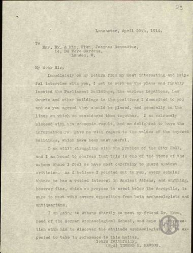 Letter from T. Mawson to I. Gennadios, concerning the landscaping of areas in Athens.
