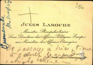 Calling card from Jules Laroche, Assistant Director of European Realations, of the Ministry of Foreign Affairs
