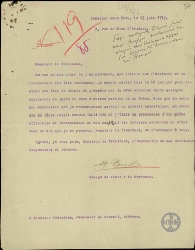 Επιστολή του H.Pernot προς τον Ε.Βενιζέλο σχετικά με την επίσκεψή του στα Ιόνια νησιά και την Ήπειρο.