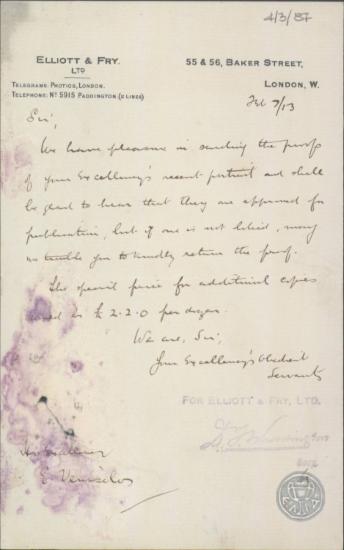 Επιστολή της Elliot & Fry Ltd. προς τον Ε.Βενιζέλο σχετικά με τη δημοσίευση πορτραίτου του Ε.Βενιζέλου.