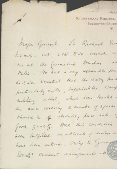 Συστατική επιστολή του A.P.Hewele για τον R.Ewart.