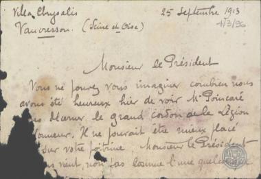 Επιστολή του J.Leune προς τον Ε.Βενιζέλο σχετικά με την παρασημοφόρηση του Ε.Βενιζέλου από τον Poincare.