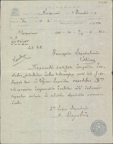 Τηλεγράφημα του Π.Δαγκλή προς το Υπουργείο Στρατιωτικών σχετικά με την ανάγκη αποστολή όπλων στην 9η Μεραρχία.