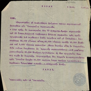 Τηλεγράφημα του Δ.Πανά σχετικά με την αγορά όπλων και τροφίμων εκ μέρους της τουρκικής Κυβέρνησης.
