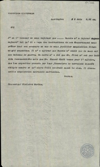 Τηλεγράφημα του Βούρου προς το Υπουργείο Εξωτερικών σχετικά με τη συνδρομή της Ρωσίας στην αγορά πολεμικού πλοίου για την Ελλάδα.