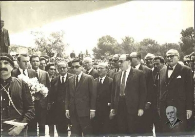 Nikitas Venizelos during political visits in Chania, 1965 - 1967. Eftychis Nikolioudakis is in view.