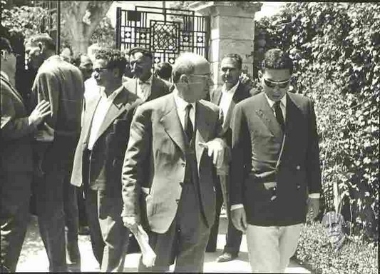 Nikitas Venizelos during political visits in Chania, 1965 - 1967. Here, in the Venizelos home in Chalepa. Eftychis Nikolioudakis is in view.