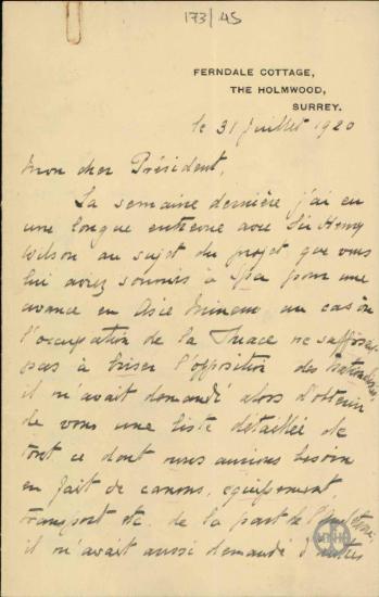 Επιστολή του J.Stavridis προς τον Ε.Βενιζέλο σχετικά με την υποστήριξη της Αγγλίας προς την Ελλάδα στο ζήτημα της κατοχής της Μ.Ασίας.