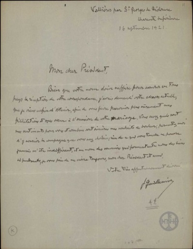Best wishes letter from J. Guillemin to E. Venizelos on his wedding.