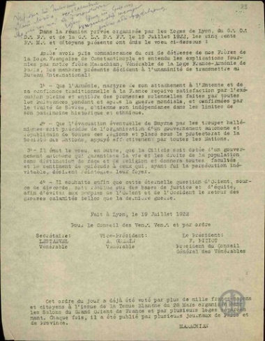 Referendum by the Masonry Lodges of Lyon, asking for the protection of the Armenians and the independence of Smyrna.