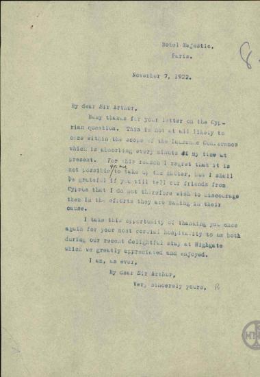 Επιστολή του Ε.Βενιζέλου προς τον A.Crosfield με την οποία ανακοινώνει ότι το Συνέδριο της Λωζάννης απορροφά όλο το χρόνο του και δε δύναται να ασχοληθεί με το Κυπριακό ζήτημα.