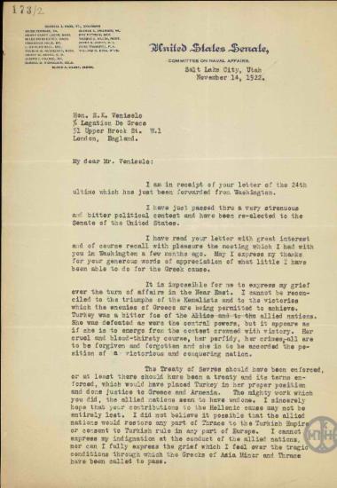 Επιστολή του William H.Liny προς τον Ε.Βενιζέλο, με την οποία εκφράζει τη συμπαράστασή του προς την Ελλάδα.