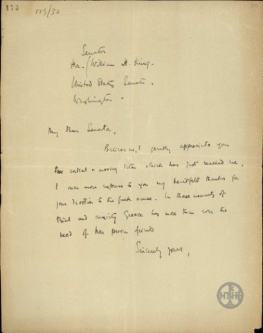 Letter from E. Venizelos to W. King, thanking him for his philhellenic feelings.