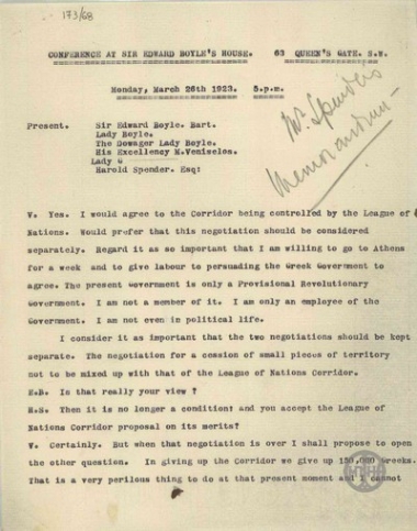Πρακτικό συζήτησης των E.Boyle, Lady Boyle, Ε.Βενιζέλου και H.Spender σχετικά με ενδεχόμενες διαπραγματεύσεις για εδαφικές διευθετήσεις μεταξύ Ελλάδας και Βουλγαρίας στη Δυτική Θράκη.