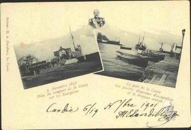 3 Novembre 1898. Prise du rempart de la Canée par les Européens. Le port de la Canée, les quatre drapeaux d occupation et le drapeau crétois.
