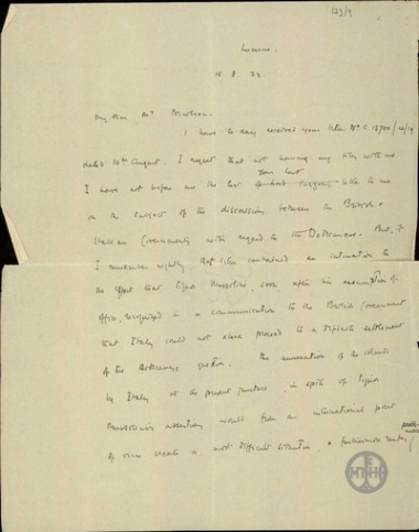 Letter from E. Venizelos to Nansen, concerning the question of the Dodecanese.